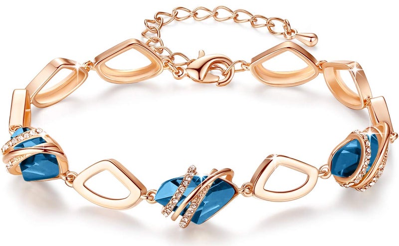 Leafael Wish Stone Link Charm Bracelet with Zircon Blue Birthstone Crystal for December, Rose Gold Plated, 7"+2" - Image 1